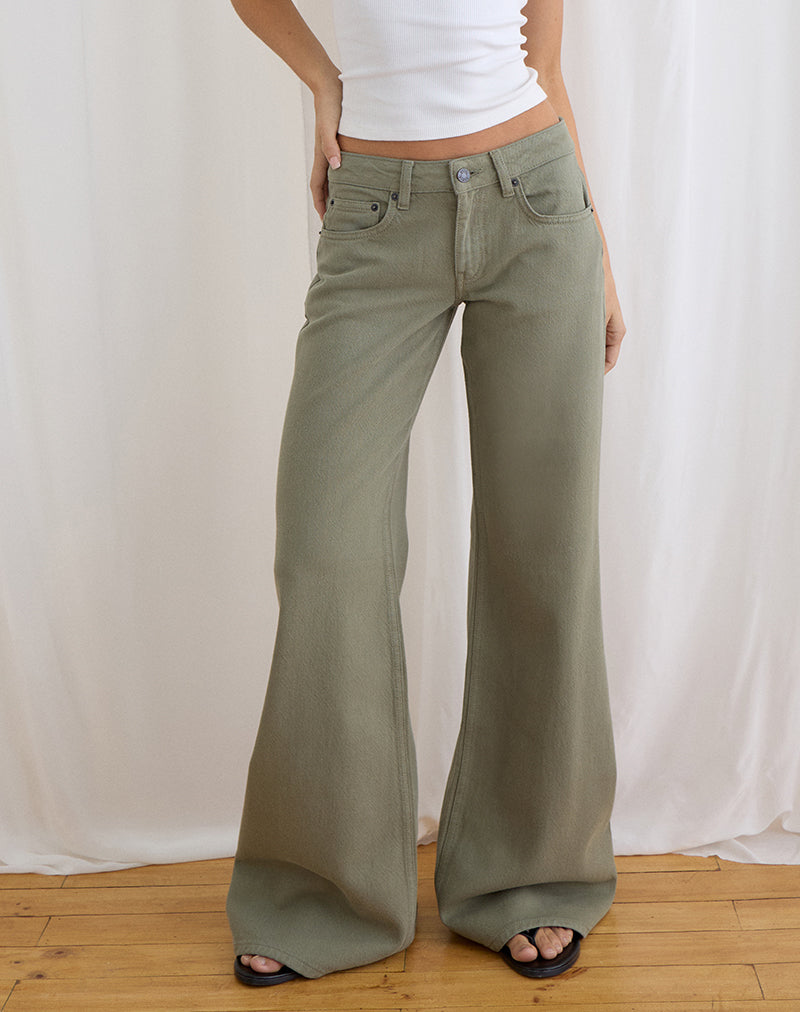 Image of Low Rise Slouchy Flare Jeans in Twill Fern Green