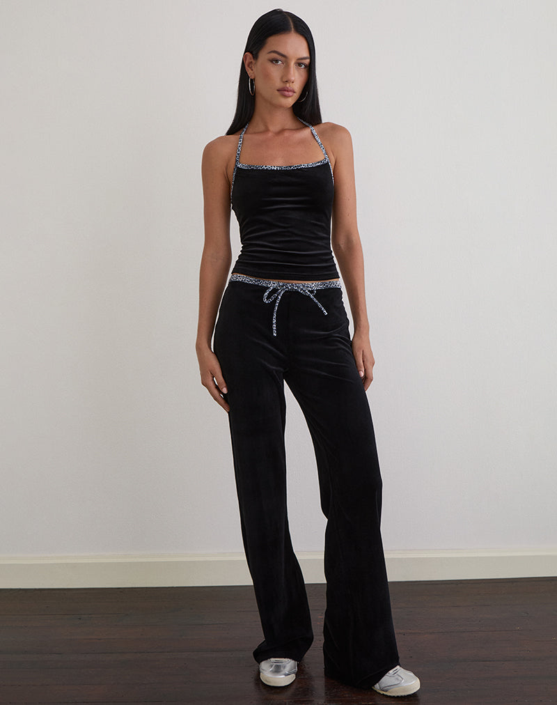 Image of Solyn Halterneck Top in Black with Leopard Binding
