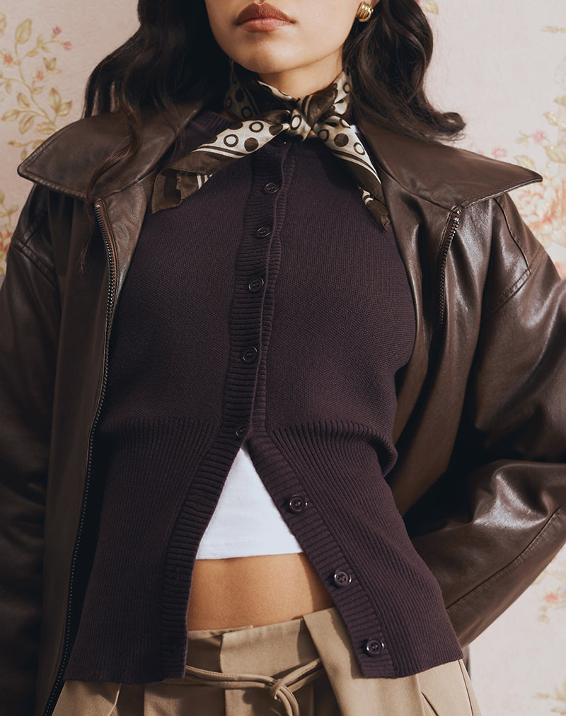 Image of Subra Long Sleeve Ribbed Hem Cardigan in Bitter Chocolate