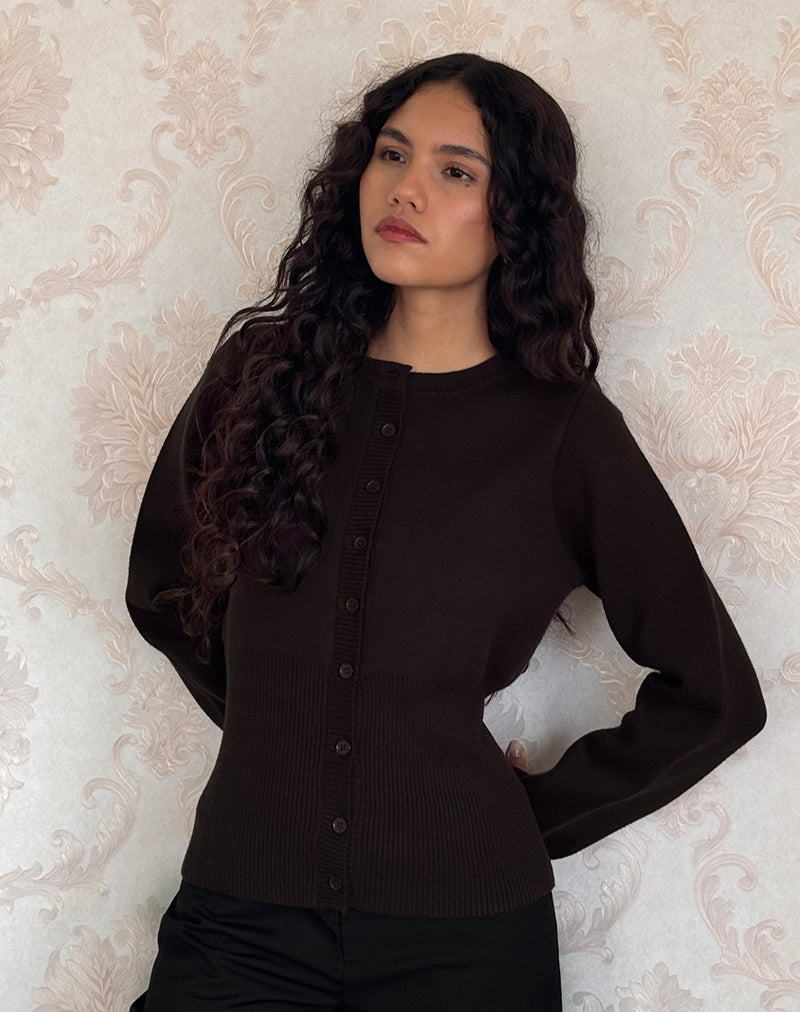 Image of Subra Long Sleeve Ribbed Hem Cardigan in Bitter Chocolate