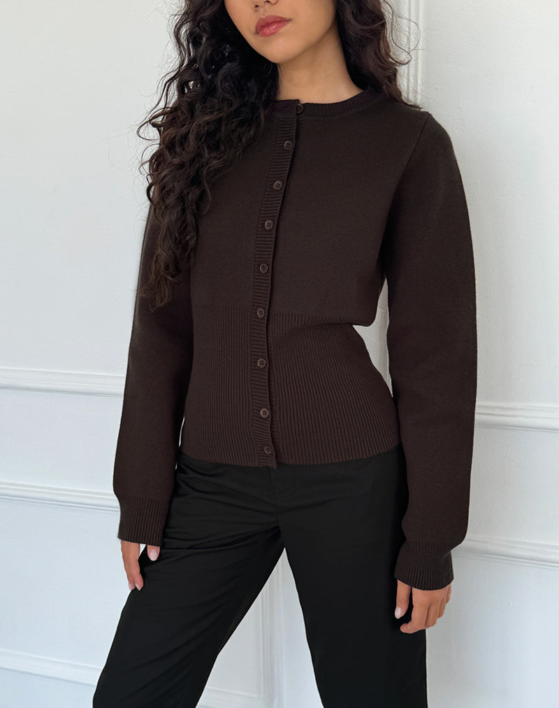 Image of Subra Long Sleeve Ribbed Hem Cardigan in Bitter Chocolate