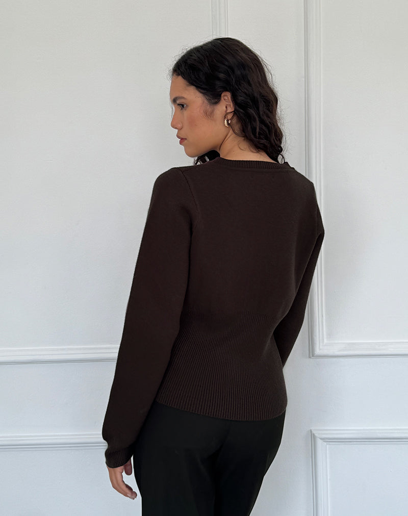 Image of Subra Long Sleeve Ribbed Hem Cardigan in Bitter Chocolate