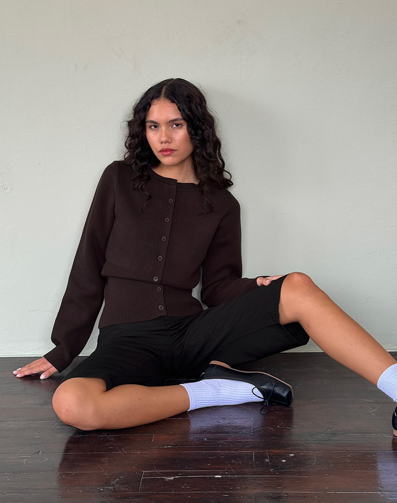 Image of Subra Long Sleeve Ribbed Hem Cardigan in Bitter Chocolate