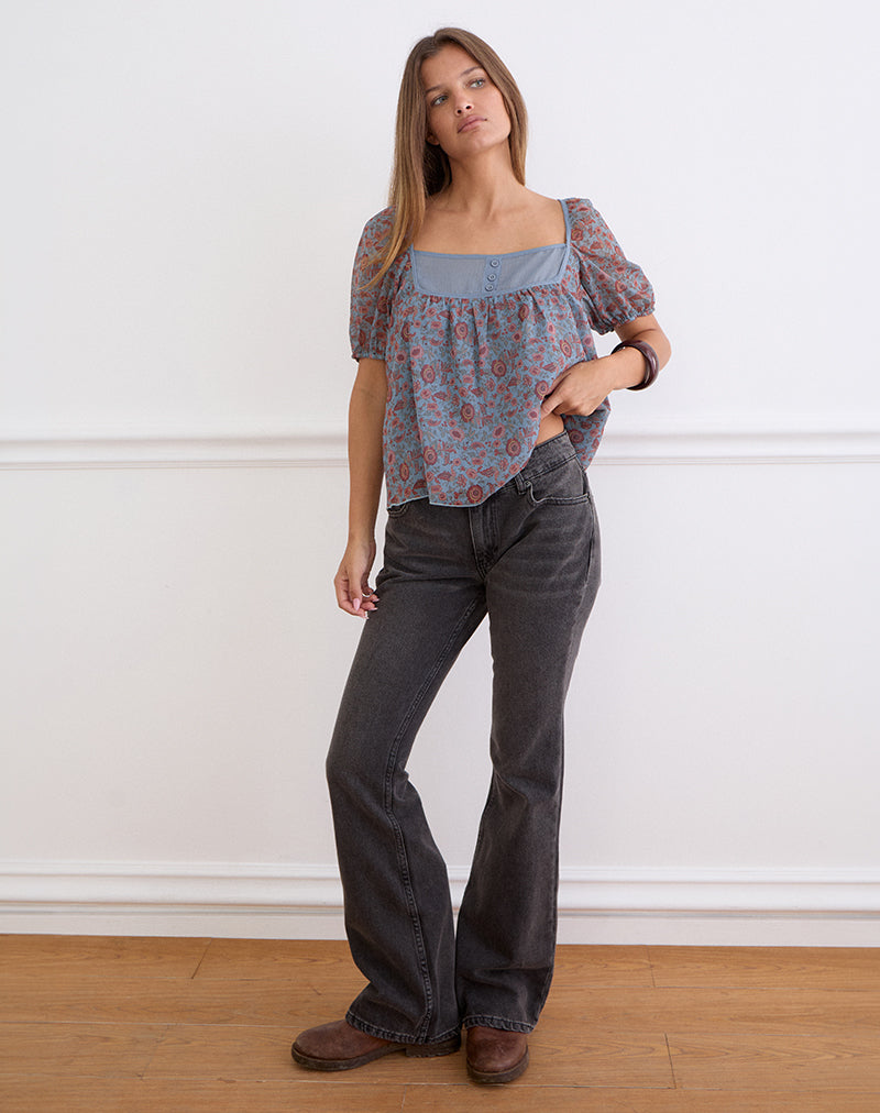 Image of Sumire Top in Shadow Blossom Blue Chiffon