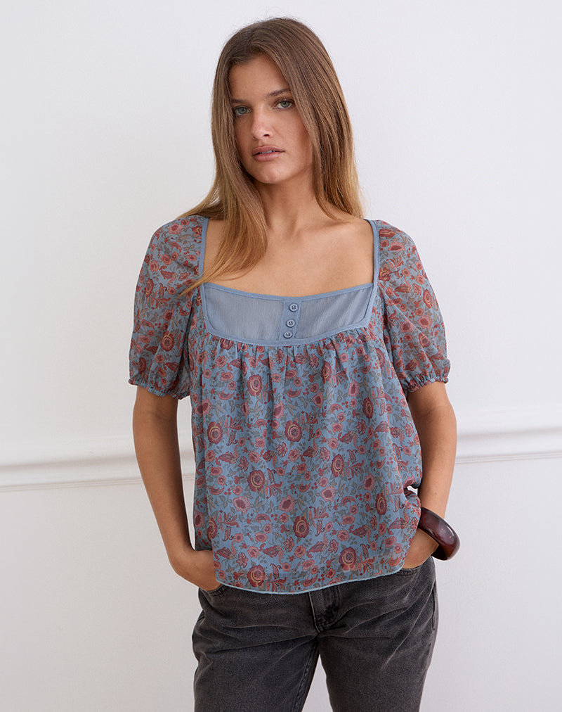 Image of Sumire Top in Shadow Blossom Blue Chiffon