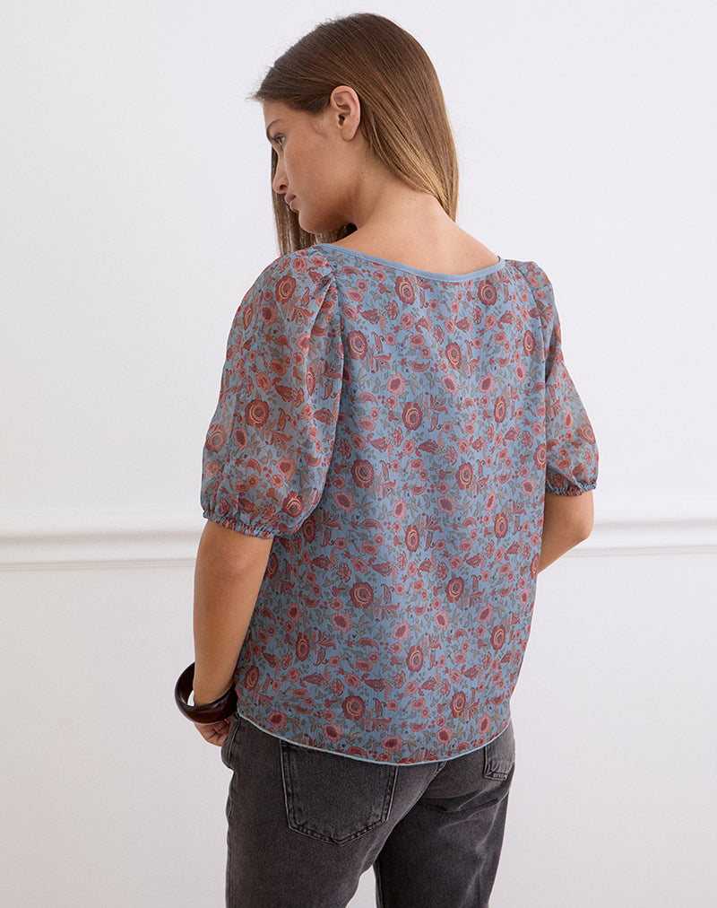 Image of Sumire Top in Shadow Blossom Blue Chiffon
