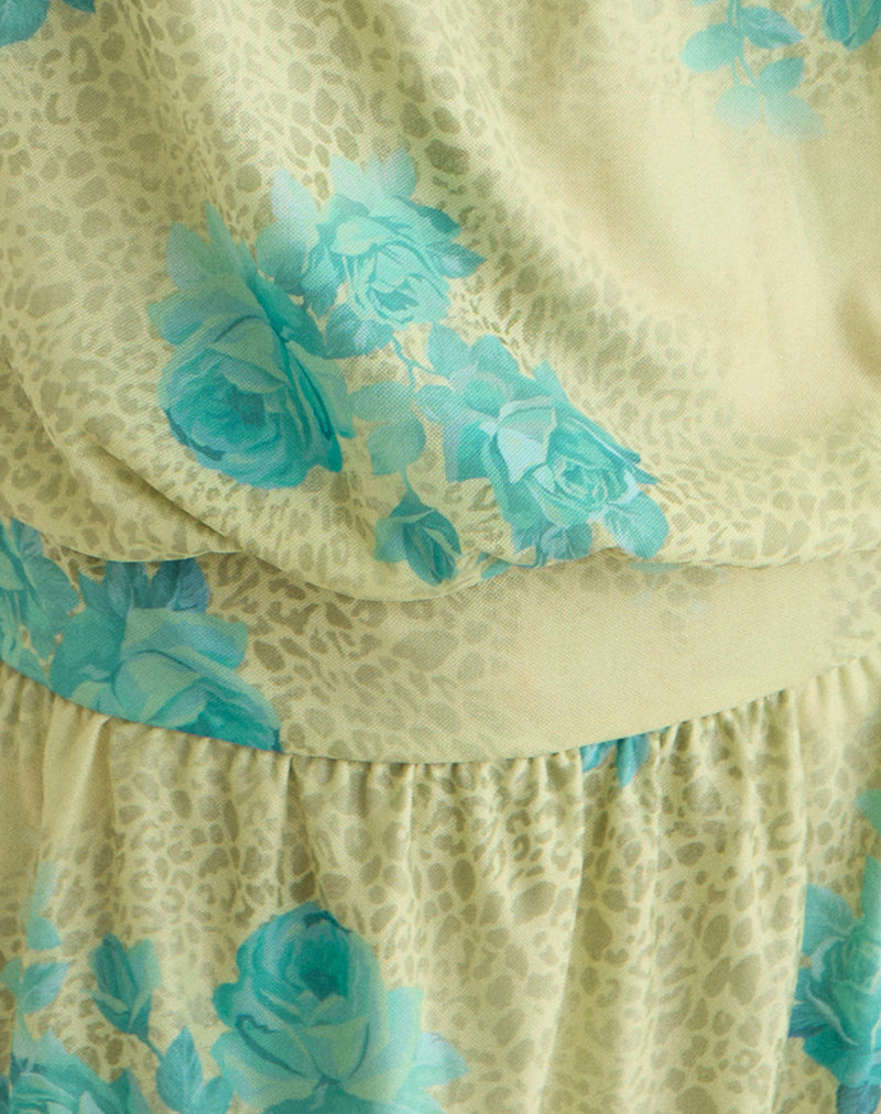 Image of Sunyi Mini Dress in Green Blurred Jungle with Turquoise Rose