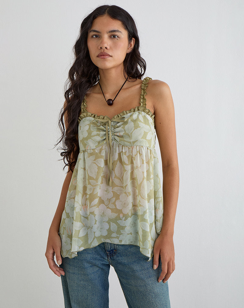 Image of Sylva Asymmetric Hem Cami Top in Pale Flower Green