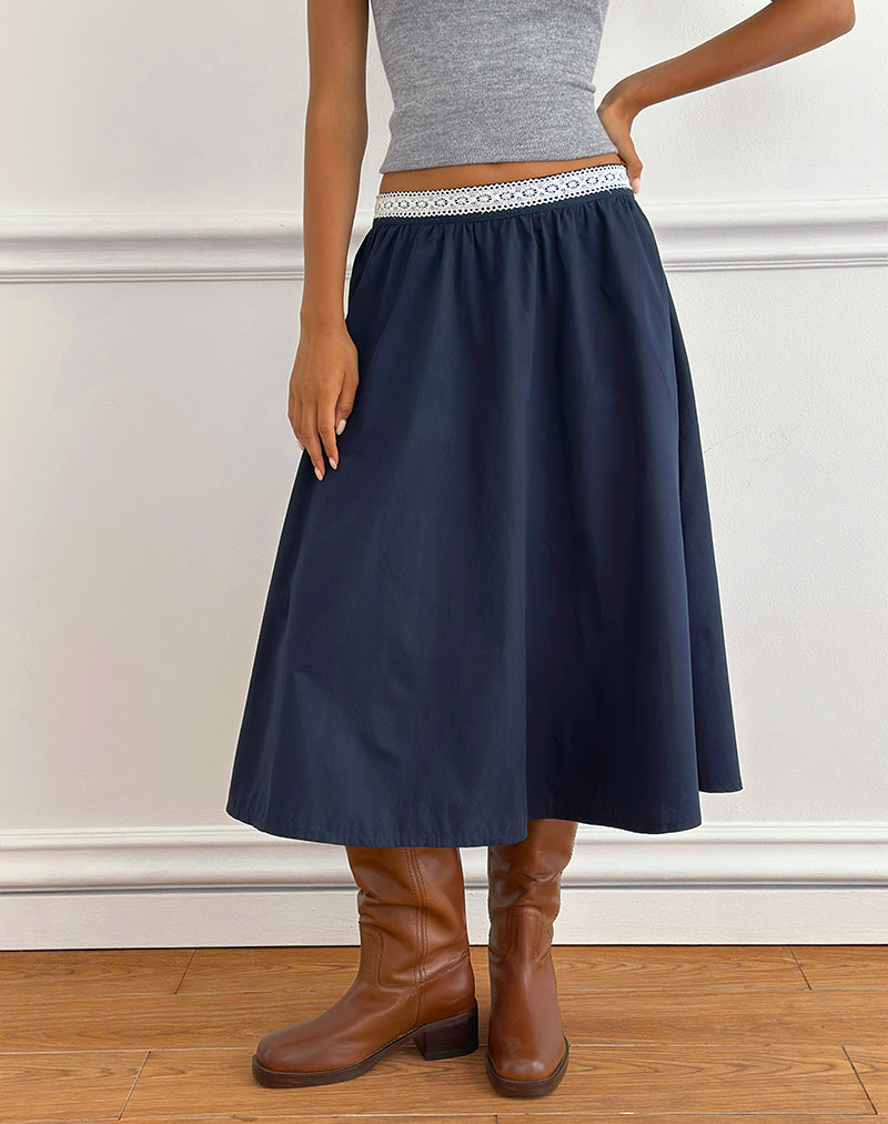 Image of Takira Midi Skirt in Dark Navy with Lace Trim