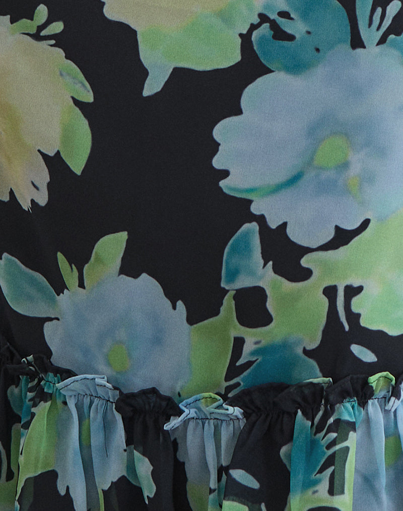 Image of Tarla Midi Skirt in Black Chiffon with Crystal Flower Print