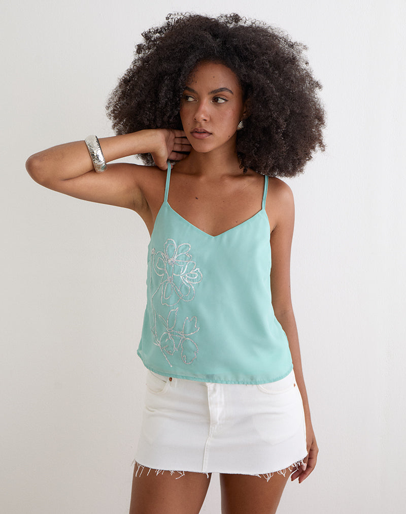 Image of Tavina Top in Chiffon Floral Sequin Turquoise