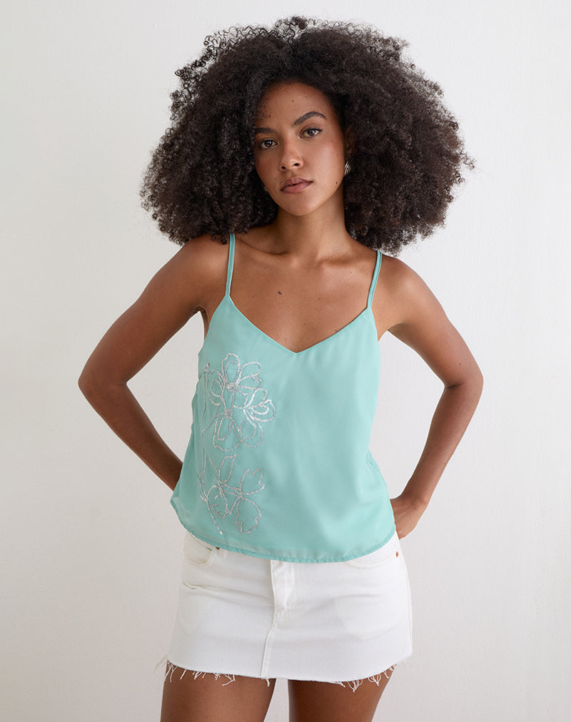 Image of Tavina Top in Chiffon Floral Sequin Turquoise