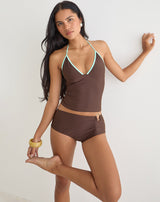 Image of Thorin Tankini in Brown with Aqua Binding