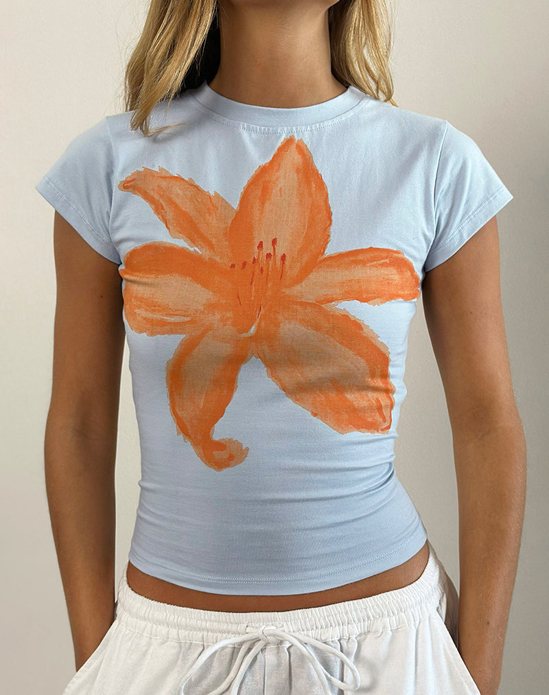 Image of Tiona Tee in Blue with Orange Painted Flower