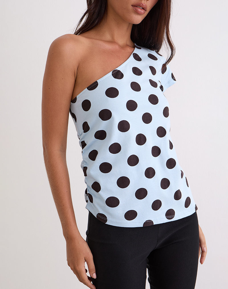 Image of Tokiwa Asymmetric Shoulder Tee in Big Polka Blue Brown