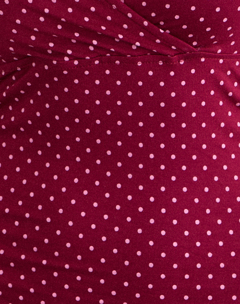 Image of Trudita Mini Dress in Wine with Pink Micro Polka Print