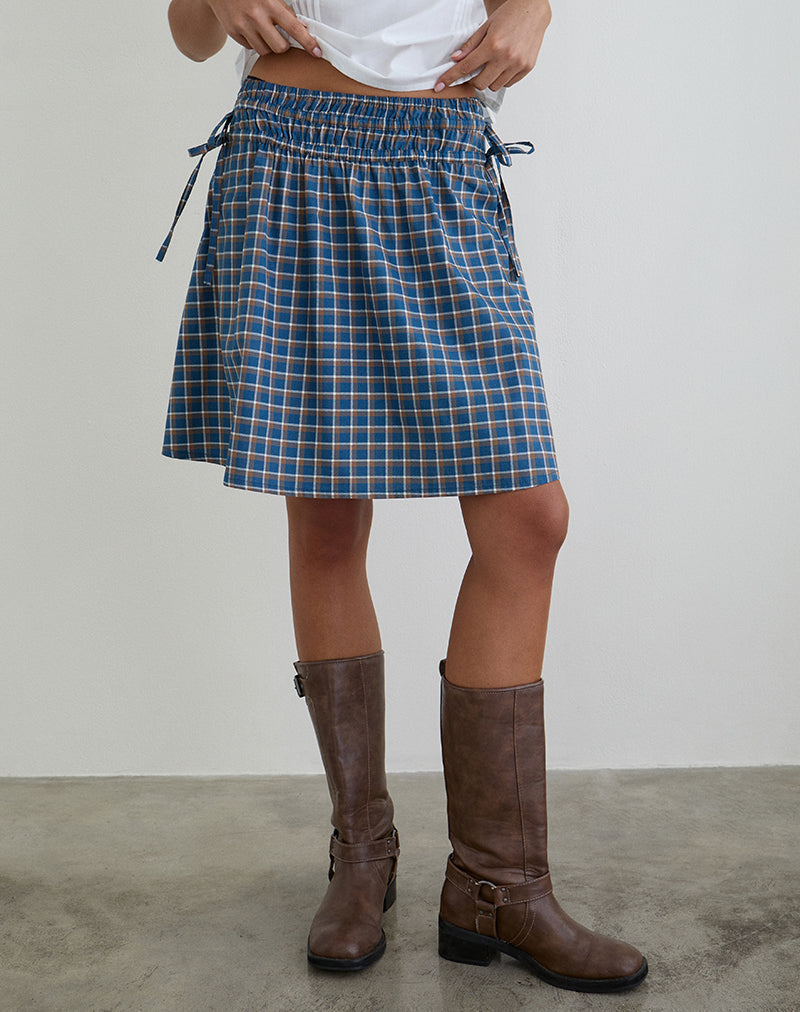 Image of Khimar Gathered Midi Skirt in Medium Tartan Blue