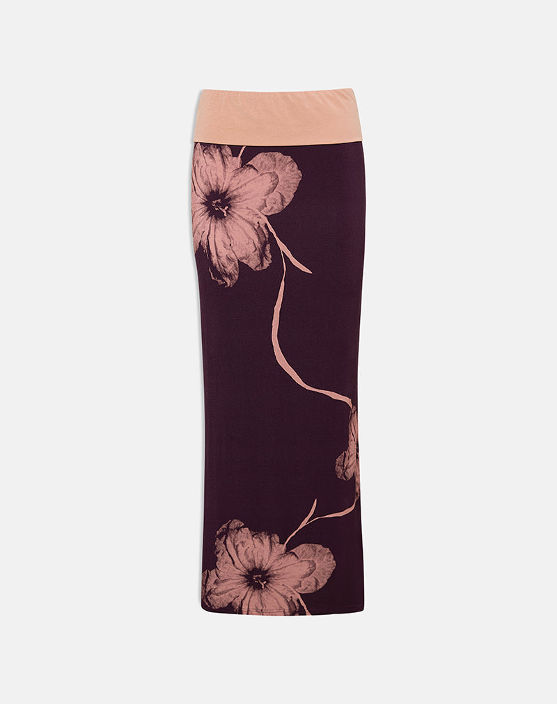 Image of Valdra Maxi Skirt in Burgundy with Flower Silhouette