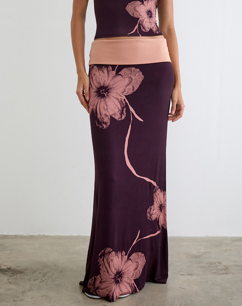 Image of Valdra Maxi Skirt in Burgundy with Flower Silhouette