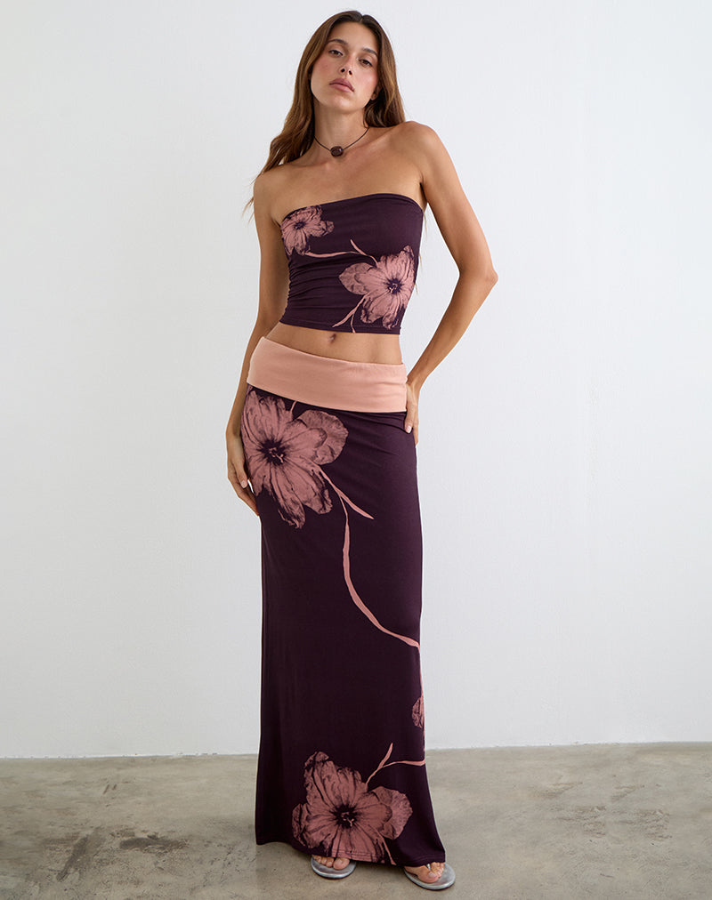 Image of Valdra Maxi Skirt in Burgundy with Flower Silhouette