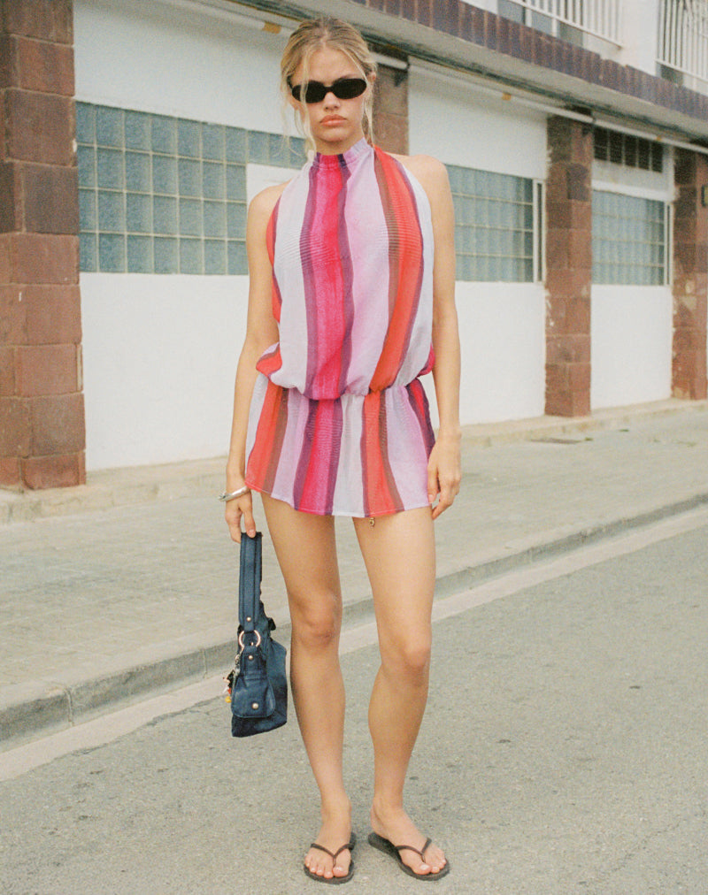 Image of Veloria Halterneck Mini Dress in Pink Sheer Chiffon Painted Stripe