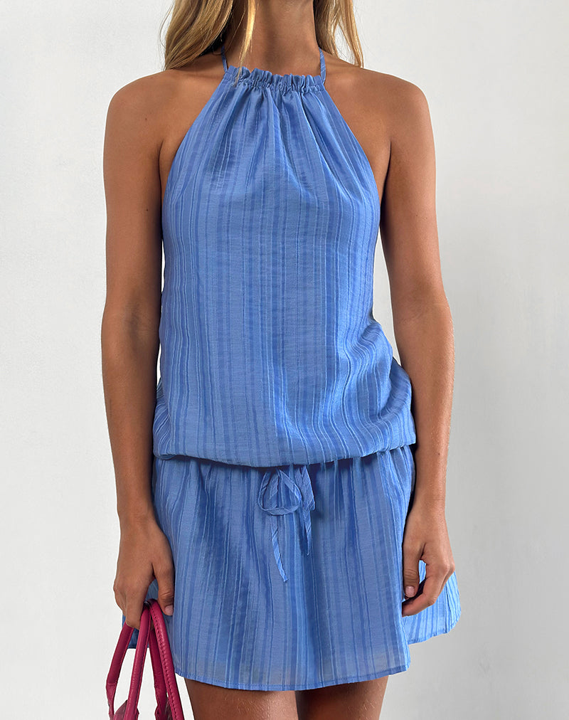 Image of Veloria Halterneck Mini Dress in Blue Chiffon Painted Stripe