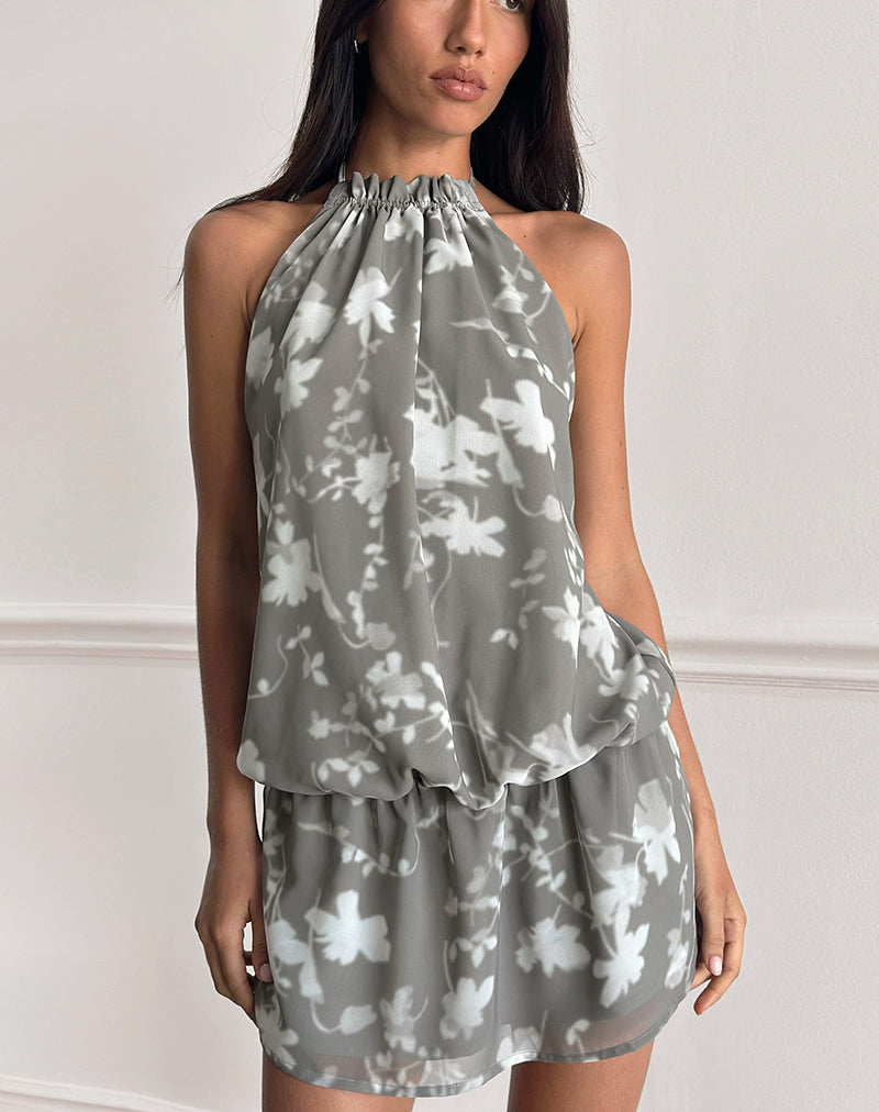Image of Veloria Halterneck Mini Dress in Blurred Floral Grey