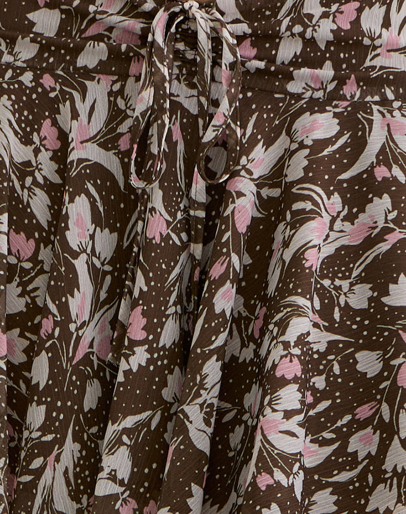 Image of Veny Mini Skirt in Brown and Pink Polka Flower Chiffon