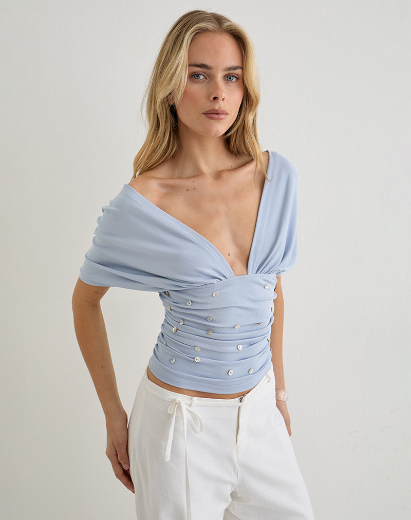 Image of Vernia Plunge Batwing Top in Lyocell Dusty Blue with Pearl Buttons