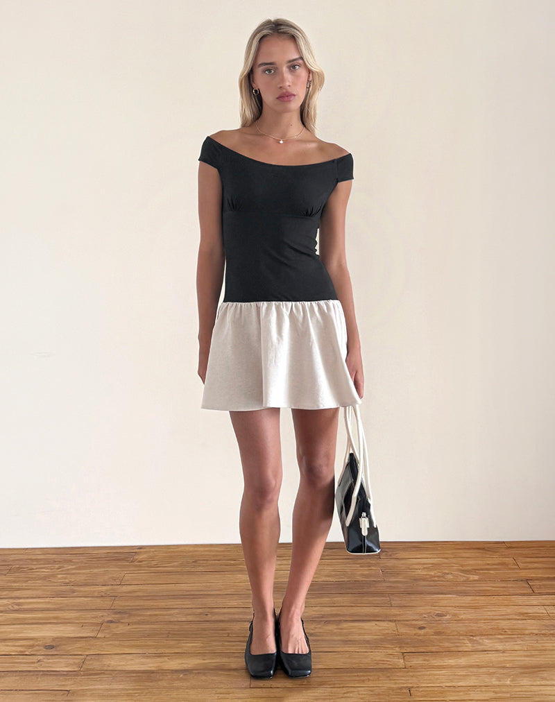 Image of Yael Mini Dress in Lycra Linen Black and Ecru