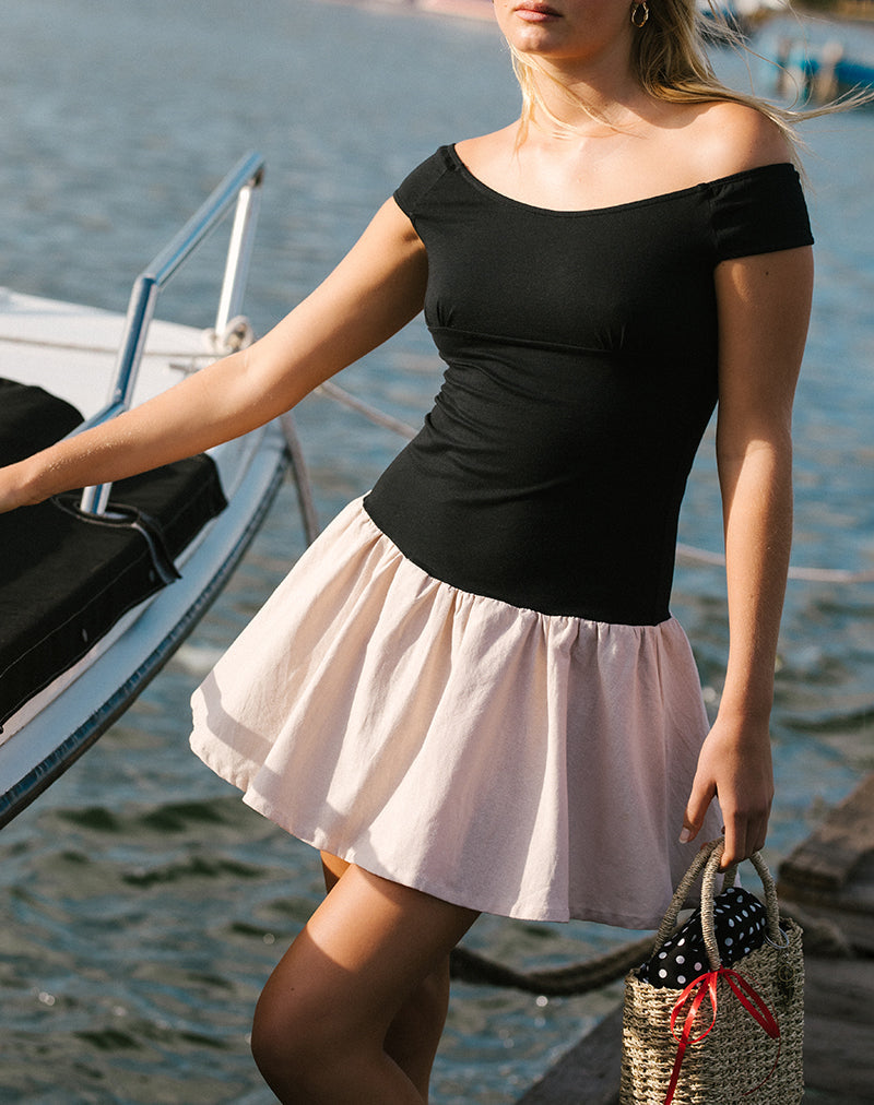 Image of Yael Mini Dress in Lycra Linen Black and Ecru