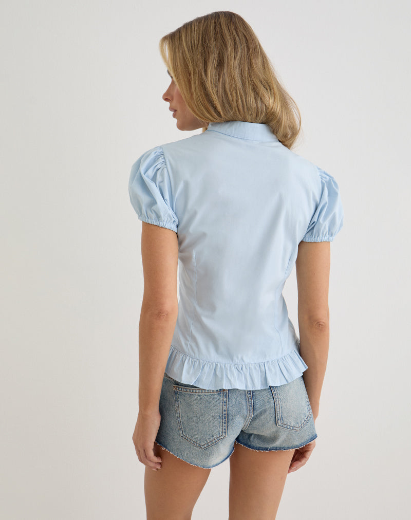 Image of Yamila Puff Sleeve Keyhole Blouse in Ice Blue