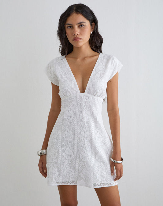 Image of Yenna Plunge Mini Dress in Floral Lace White
