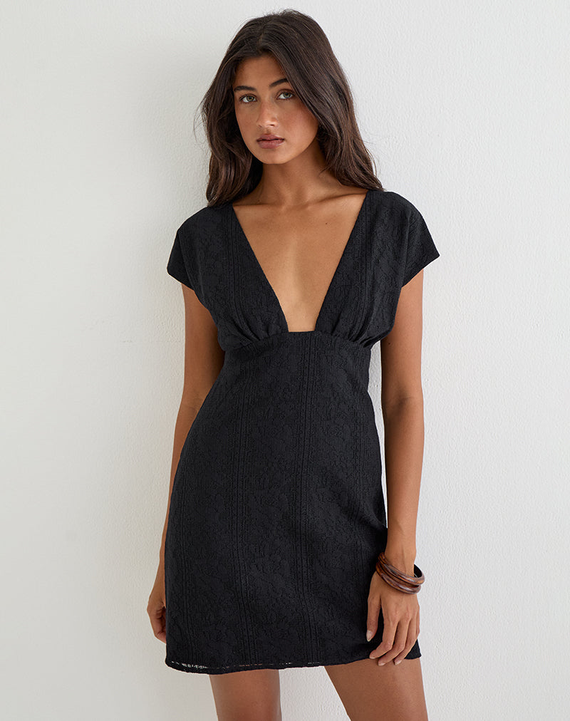 Image of Yenna Plunge Mini Dress in Floral Lace Black