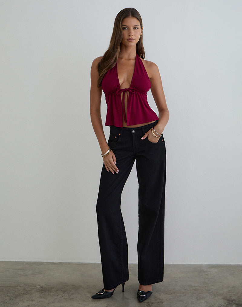 Image of Ylva Tie-Front Halter Top in Rayon Jersey Burgundy