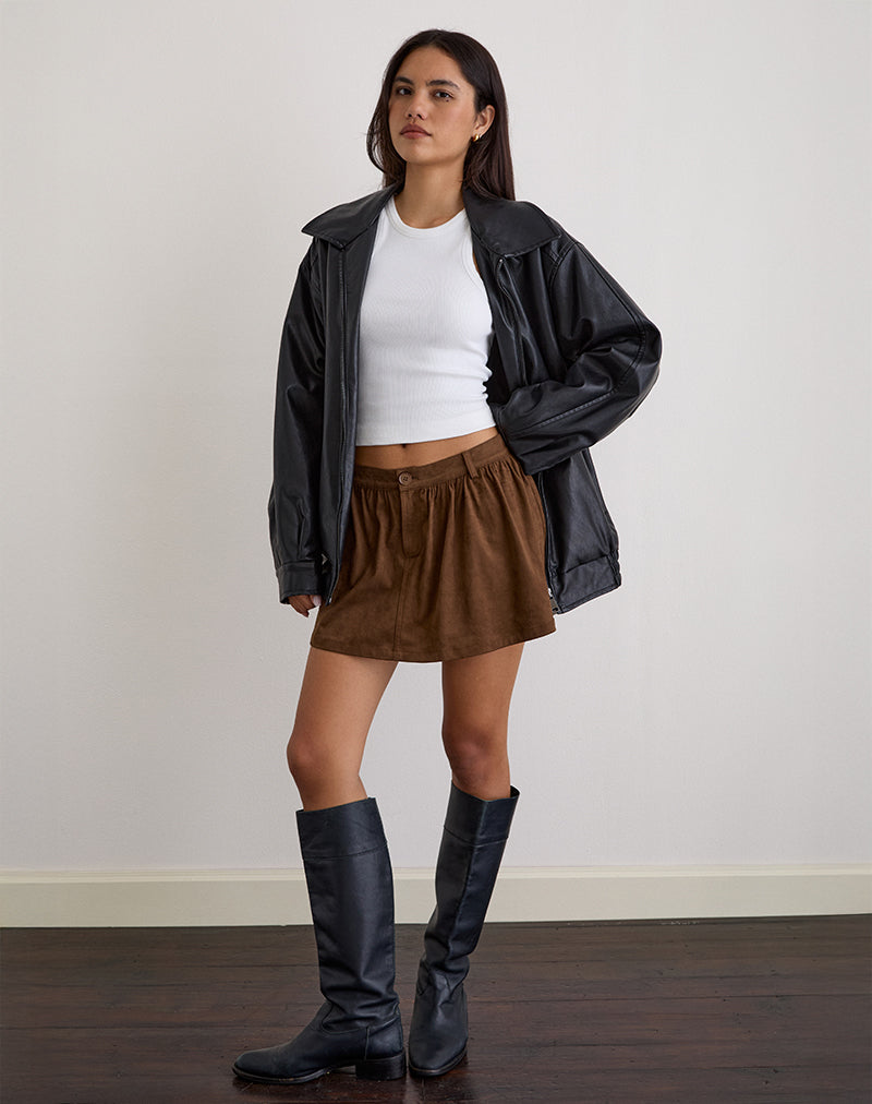 Image of Yonca Frill Mini Skort in Faux Suede Brown
