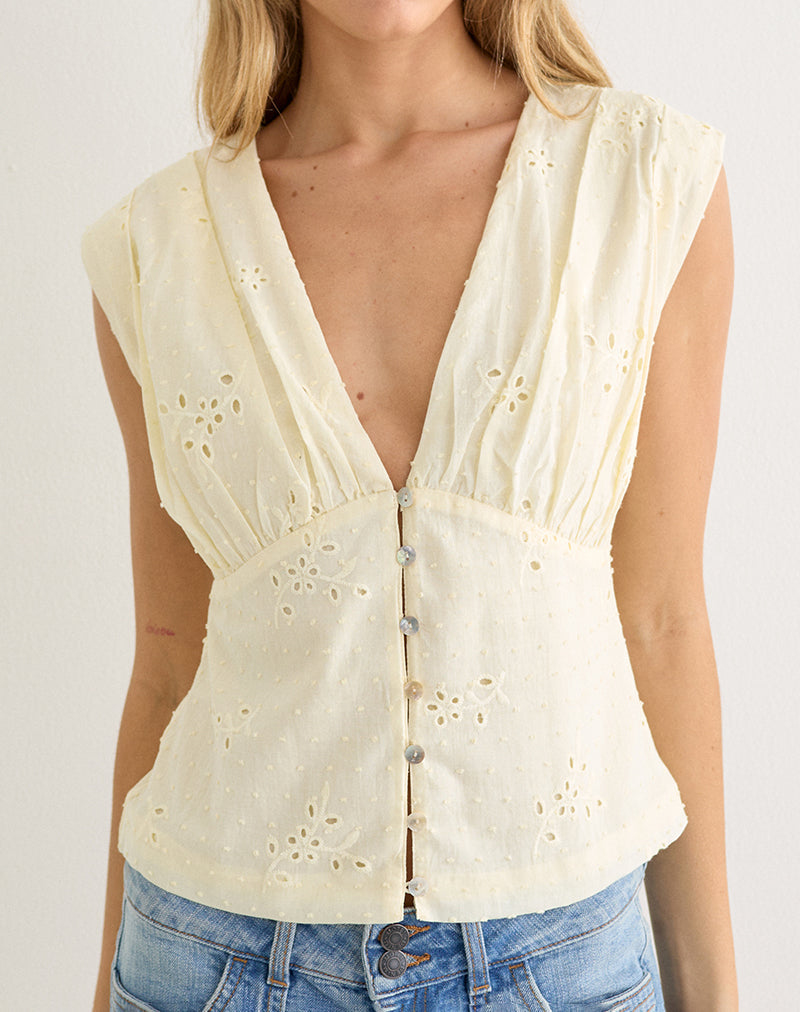 Image of Yoshino Plunge Top in Broderie Lemon