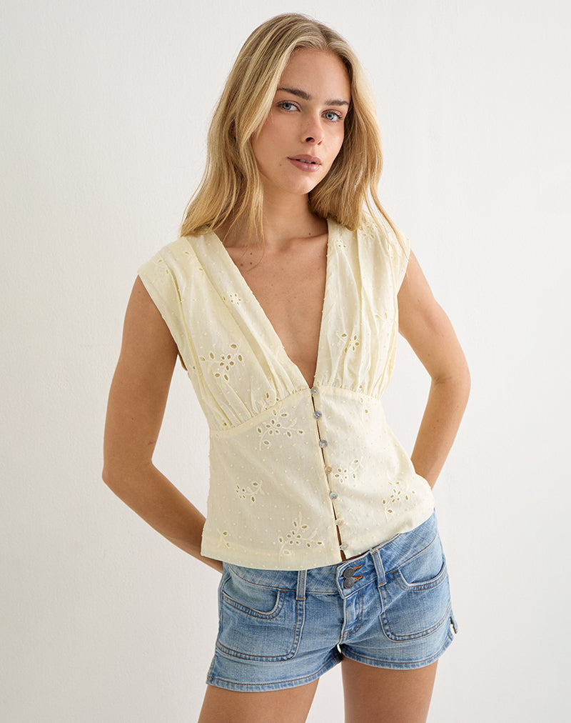 Image of Yoshino Plunge Top in Broderie Lemon