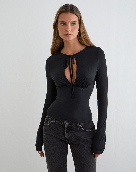 Image of Yubin Keyhole Long Sleeve Top in Cupro Black