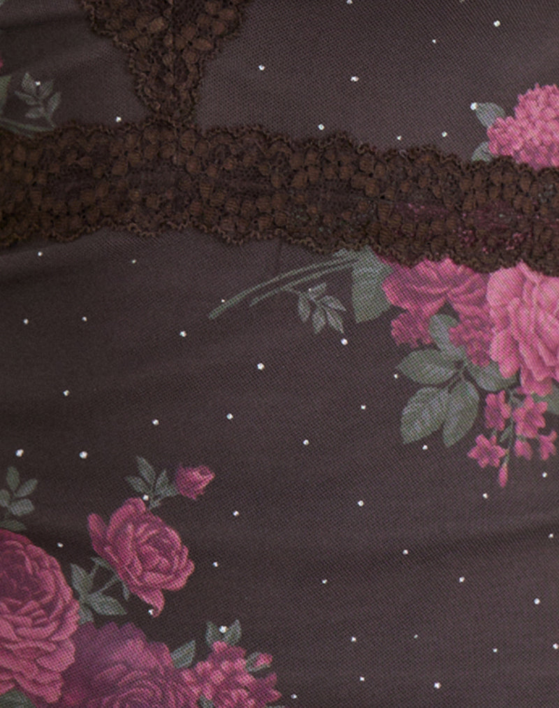 Image of Yudo Top in Brown with Pink Polka Dots and Roses Print