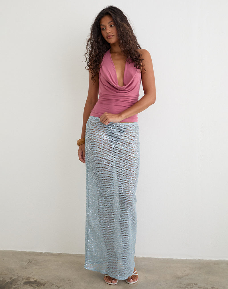Image of Alphia Maxi Skirt in Seafoam Sequin Knit Blue