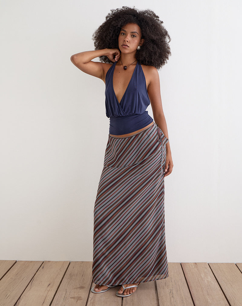 Image of Zelvia Maxi Skirt in Chiffon Grey and Maroon Diagonal Stripe