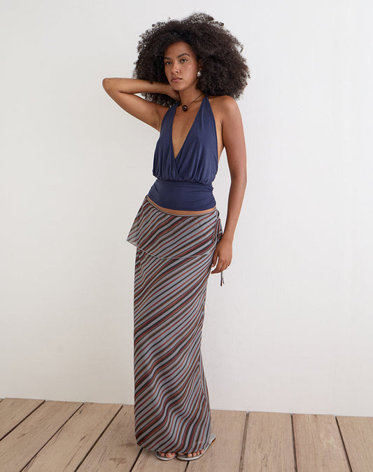 Image of Zelvia Maxi Skirt in Chiffon Grey and Maroon Diagonal Stripe