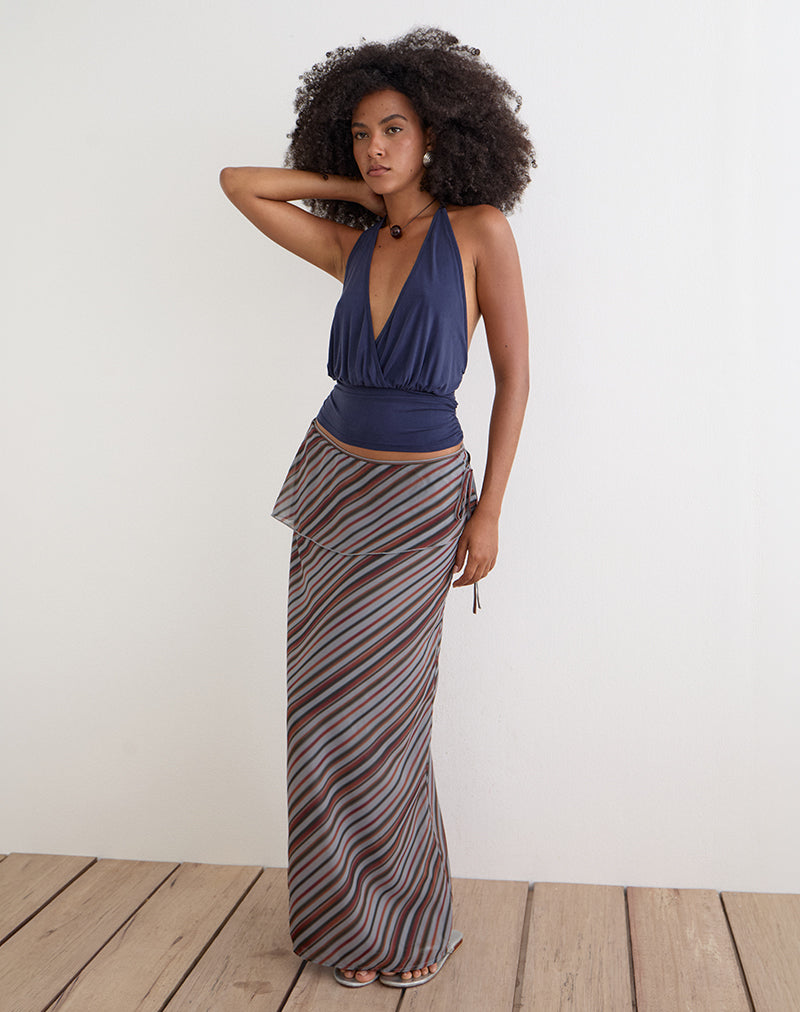 Image of Zelvia Maxi Skirt in Chiffon Grey and Maroon Diagonal Stripe