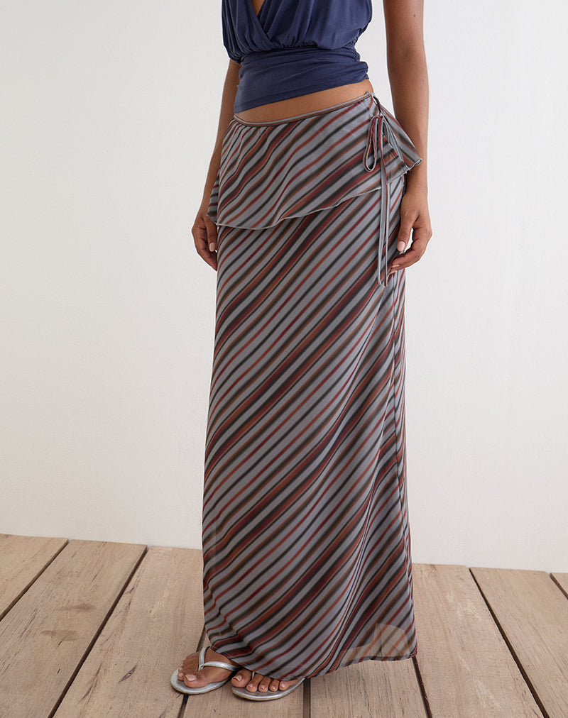 Image of Zelvia Maxi Skirt in Chiffon Grey and Maroon Diagonal Stripe