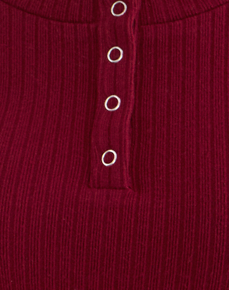 Image of Zinta Long Sleeve Button Up Top in Rib Knit Dark Maroon